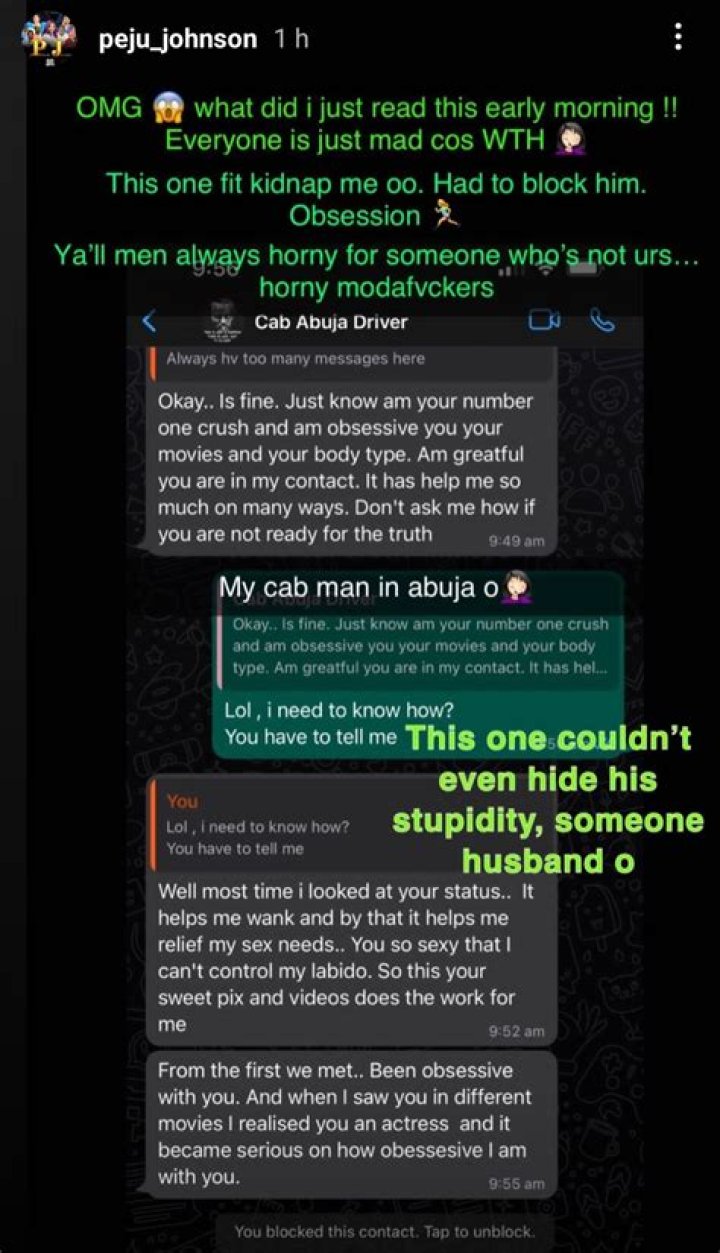 Actress Peju Johnson shares explicit messages she received from a married cab driver