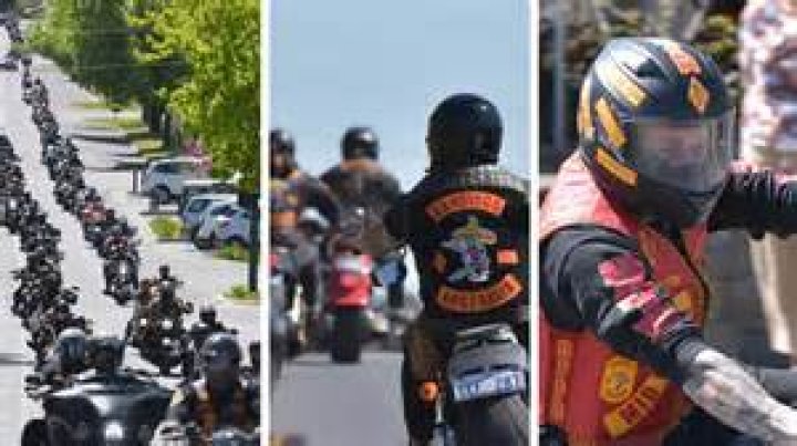 Bandidos bikie gang members arrive in Ballarat, Victoria for annual run