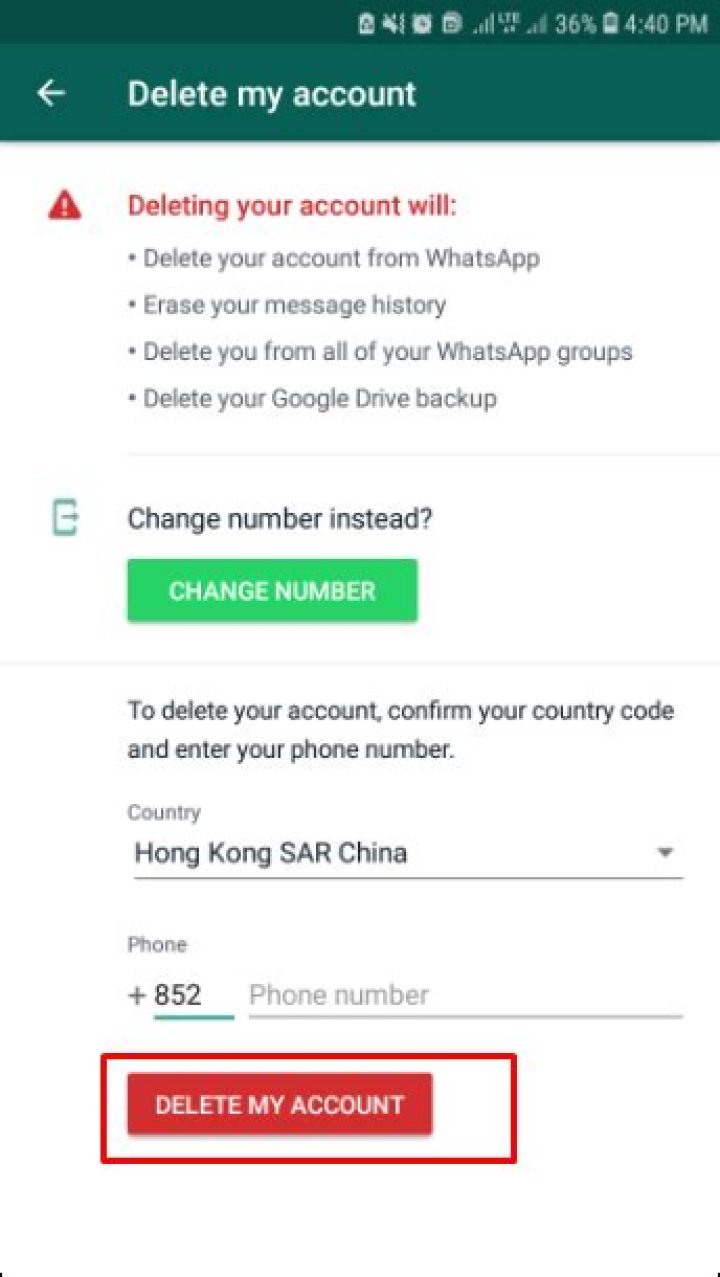 How can I delete WhatsApp account?
