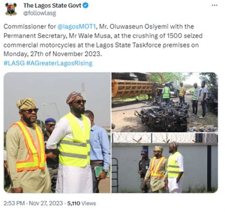 Lagos state government crushes 1500 seized motorcycles
