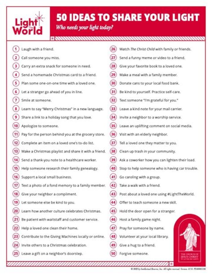 List of 50 ideas to share your light for Light the World 2022