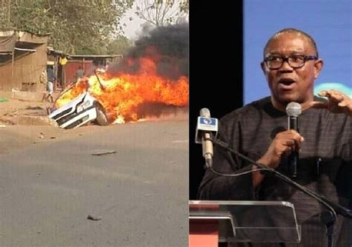 Peter Obi Escapes Death As APC and PDP Clash, Many Cars Burnt [Photos]