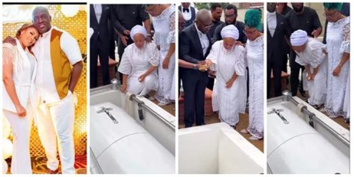 Sammie Okposo's wife Ozioma mourns as she lays sand on his grave during his funeral (video)