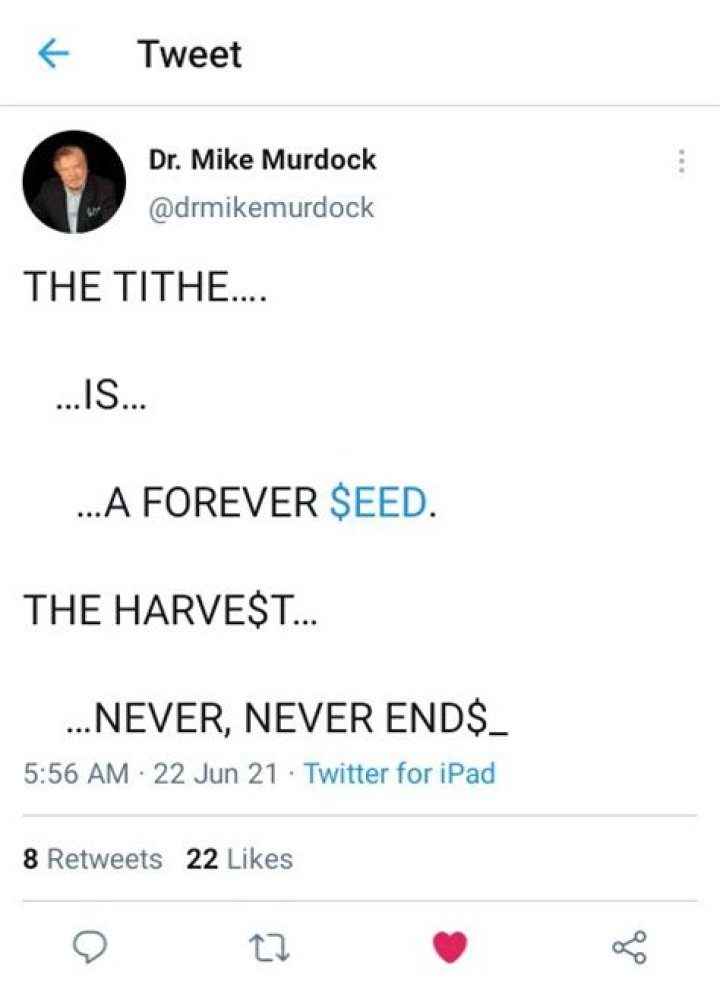 "When you pay your tithes, the harvest never ever ends," - US pastor, Mike Murdock